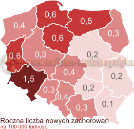 Średnia roczna liczba nowych zachorowań na AIDS (w Polsce) w latach 2002–2006, według województw. Podane liczby zachorowań na 100 000 ludności. Dane z 2007 r. Źródło: wikipedia