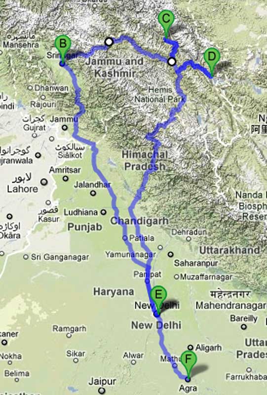 Mapa z trasy przejazdu - Indie 2011