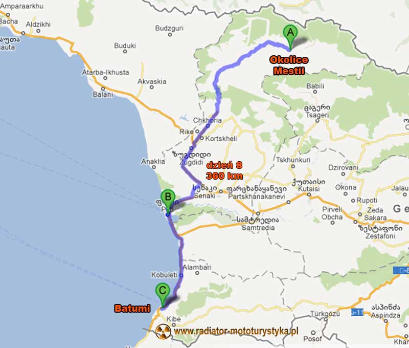 Mapa trasy motocyklowej po Gruzji